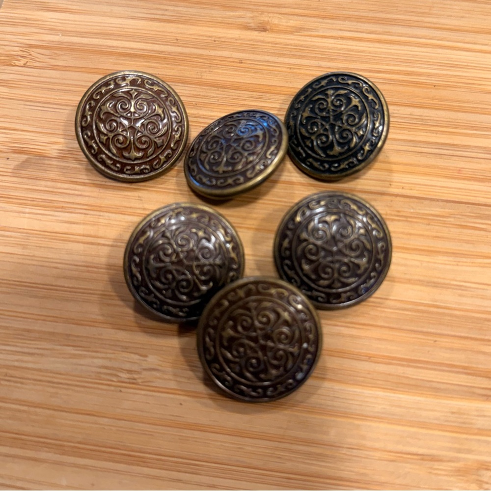 Vintage Set of 6 Celtic Floral Scrolls Enamel & Metal Buttons Brass Color
